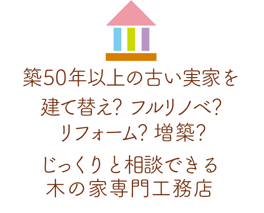 築50年の古い実家を建て替える？フルリノベーションする？リフォームする？増築する？じっくりと相談でいる木の家専門工務店